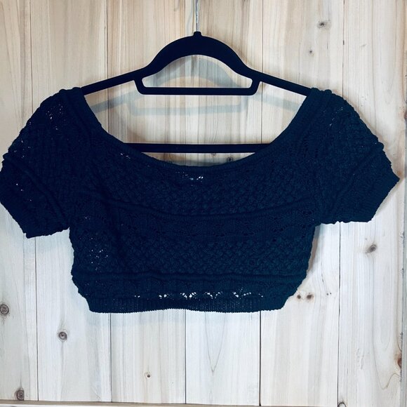 Cotton On Crochet Knit Crop Top‎ Black Short Sleeve Boho Grunge Festival XS - Picture 6 of 8